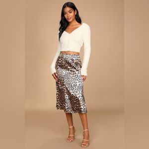 Lulu’s Global Icon Tan and Navy Blue Leopard Print Satin Midi Skirt - Size S